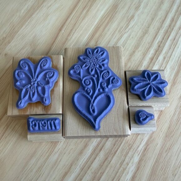 Stampin Up! Merci Butterfly & Flower Rubber Stamp Set Of 5 With Wooden Blocks Cr - Picture 6 of 9
